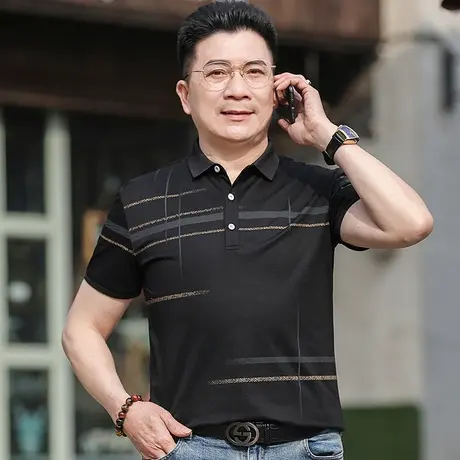 爸爸夏装短袖T恤冰丝光棉中年男士上衣服中老年人夏季薄款40-50岁图片