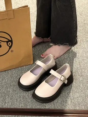 法式高跟玛丽珍鞋女复古配裙子一字扣百搭蝴蝶结厚底粗跟小皮鞋子商品大图