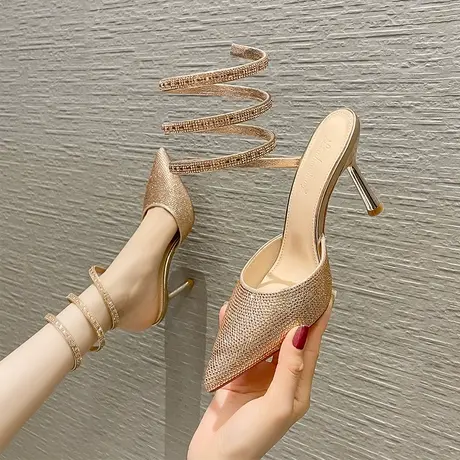 2023年夏季新款一字带蛇形缠绕高跟鞋女细跟时尚尖头气质水钻凉鞋商品大图