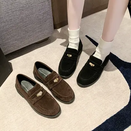 乐福鞋女一脚蹬2024新款春秋绒面粗跟小皮鞋低跟休闲百搭复古单鞋商品大图