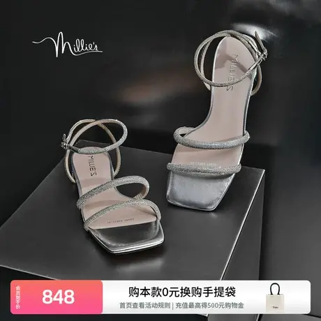 妙丽星光凉鞋25夏季闪耀细钻优雅一字扣方头仙女风凉鞋女A2201BL4商品大图