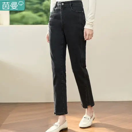 茵曼复古黑色牛仔裤女2023年秋季新款休闲高腰开衩显瘦烟管长裤子图片