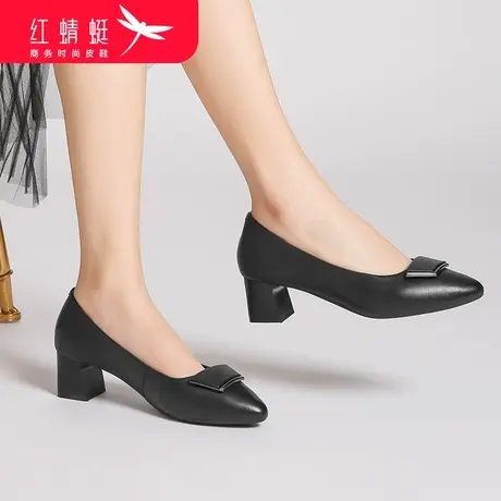 红蜻蜓秋季新款时尚中跟妈妈鞋真皮女士高跟鞋淑女尖头休闲女粗跟商品大图