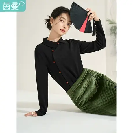 茵曼2022冬女装新款田园翻领斜门襟百搭文艺撞色圆扣长袖T恤上衣商品大图