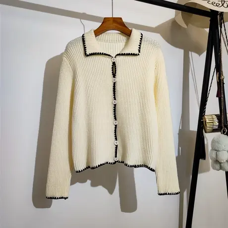 小香风针织开衫女早秋2023新款法式复古气质翻领撞色长袖毛衣外套商品大图