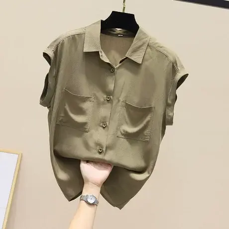 2023夏季短袖薄款设计感小众工装衬衫轻熟宽松垂感落肩无袖衬衣商品大图