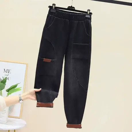 2023秋冬加绒高腰休闲大码显瘦小脚裤潮贴布弹力牛仔哈伦裤宽松女商品大图