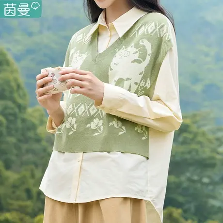 茵曼假两件针织马甲衬衫女2024新款春季纯棉宽松长袖上衣外穿独特商品大图