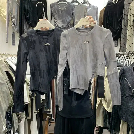 设计感不规则长袖T恤女2023初秋上新韩版修身拼接撞色圆领上衣潮图片