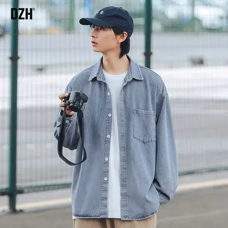 DZH男士蓝色衬衣外套男春秋季潮牌男装2023年新款长袖衬衫高级感商品大图