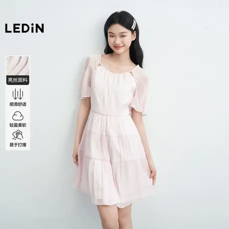 乐町亮丝面料肩部镂空串珠连衣裙女2025年夏季新款绑带蝴蝶结裙子图片