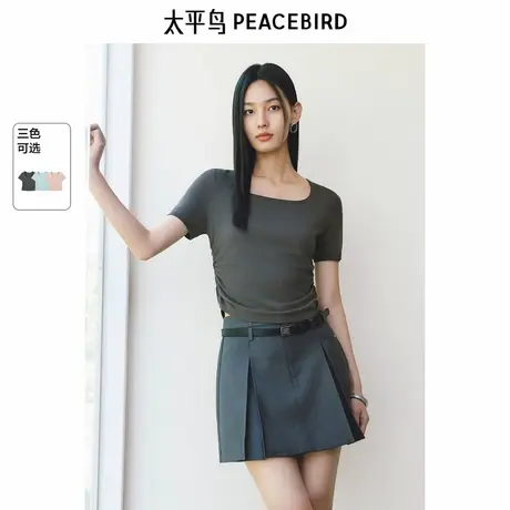 太平鸟 大U领短袖轻薄针织衫25夏季新款女士腰间抽褶显瘦上衣多色商品大图