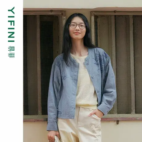[专柜同款]Yifini/易菲文艺绣花落肩宽松短款外套通勤上衣25春新图片