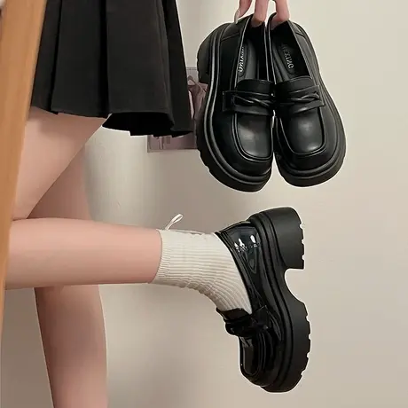 黑色厚底乐福鞋女2024新款冬季英伦风小皮鞋一脚蹬女鞋子粗跟单鞋图片