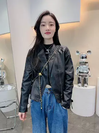 炸街机车皮衣女短款秋季2023新款韩版洋气复古小个子夹克外套PU商品大图