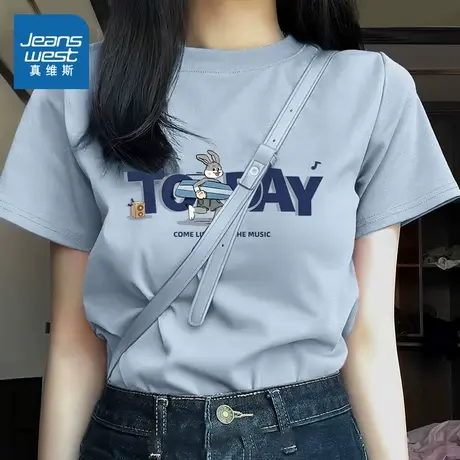 KMV真维斯雾霾蓝半袖上衣女2025新款爆款时髦时尚洋气简约短袖t恤商品大图