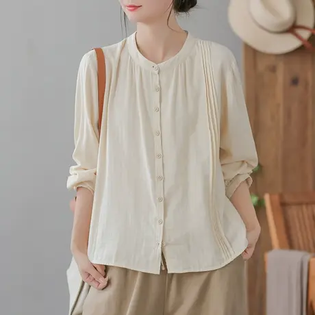 dza 复古风琴压褶立领衬衫女士春秋显瘦长袖上衣宽松休闲短款衬衣图片