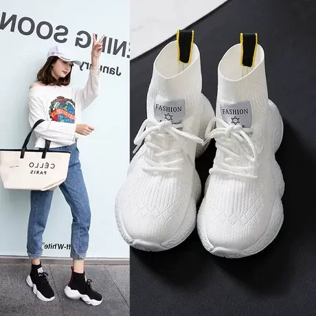 鞋子女2023秋季新款透气飞织高帮松糕厚底弹力袜子鞋休闲运动鞋潮商品大图