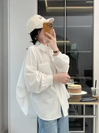 白衬衫女装2023年春秋新款韩版时尚拼接宽松衬衫长袖纯色大码上衣图片