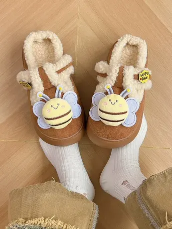 可爱小蜜蜂羊羔毛毛拖鞋女外穿2023年秋冬新款加绒保暖勃肯棉拖鞋商品大图