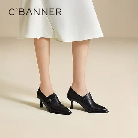 千百度细高跟羊皮靴女百搭春季新款深口单鞋时装靴通勤踝靴短靴子商品大图