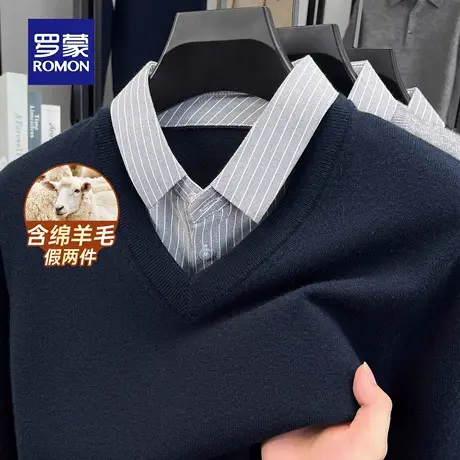 【含绵羊毛】罗蒙男士假两件针织衫2025秋季新款简约休闲保暖毛衣商品大图