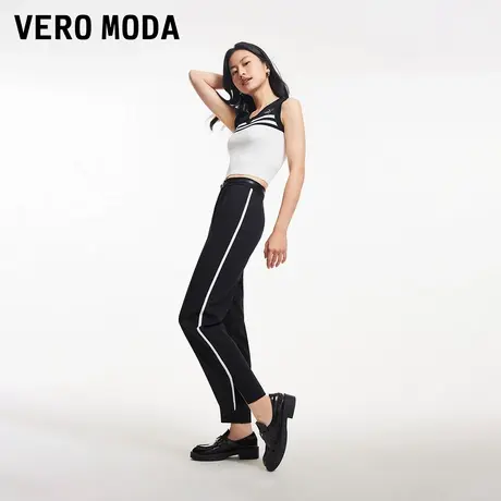 Vero Moda奥莱休闲裤女夏季新款中腰撞色拼接开叉直筒九分裤子图片