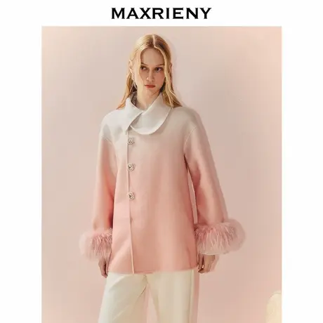 MAXRIENY千金风渐变毛呢外套女25秋款少女感减龄貉子毛单排扣大衣商品大图