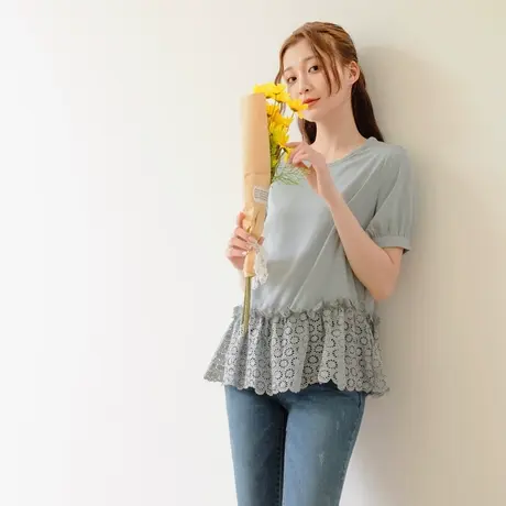 桔熊夏季韩版甜美凉爽蕾丝拼接短袖雪纺衫套头上衣女大码AB16927图片