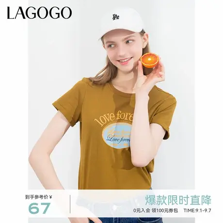 LAGOGO纯棉字母印花T恤女拉谷谷夏季新款甜美圆领学院风显瘦短袖商品大图