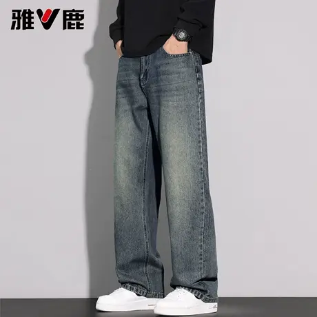 雅鹿阔腿直筒牛仔裤男2026春秋季新款美式高街潮牌高级感时尚长裤商品大图