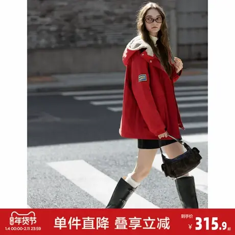 唐狮2026秋冬季加厚外套女仿兔毛拼接连帽短款防寒保暖红色棉衣图片