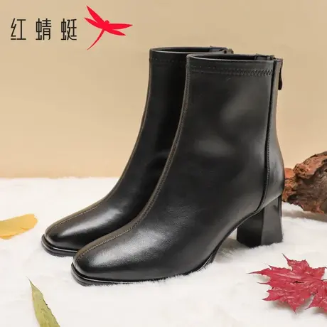 红蜻蜓女鞋2025冬季新款时尚休闲粗跟靴子防滑简约瘦瘦靴高跟短靴图片