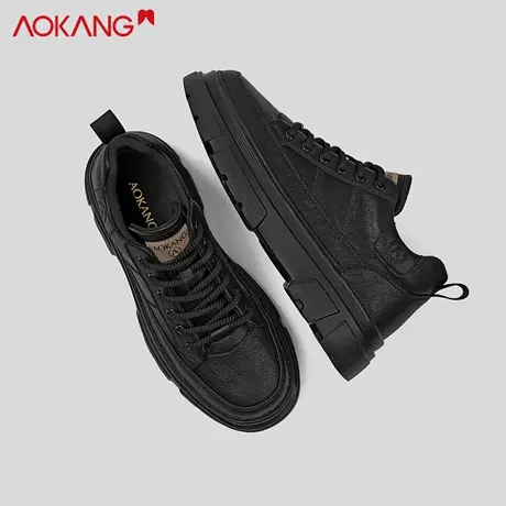 奥康休闲板鞋男黑色系带软底潮鞋英伦风复古厚底男士皮鞋官方正品商品大图