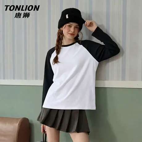 唐狮官方宽松长袖t恤女2026新款春秋款女士黑色撞色插肩袖上衣VB图片