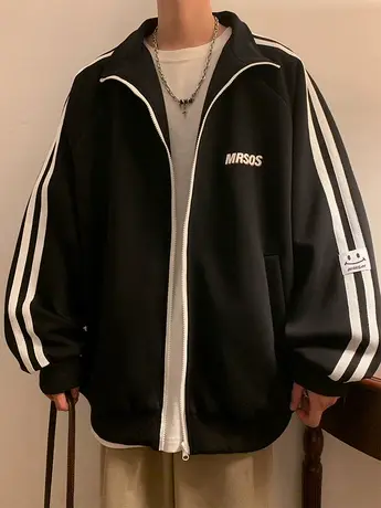 秋冬季新款条纹宽松卫衣男oversize潮流立领拉链开衫休闲上衣外套商品大图