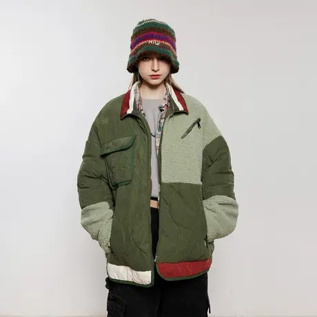 设计感潮牌拼接棉服女冬季加厚羊羔毛外套2023年新款复古宽松棉衣商品大图