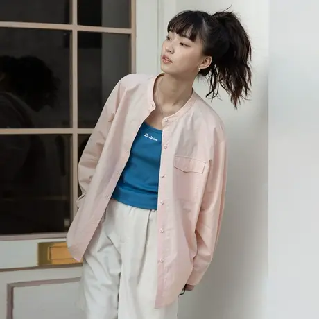 omont蛋挞家 复古小立领宽松廓形长袖衬衫女春秋百搭休闲简约衬衣图片