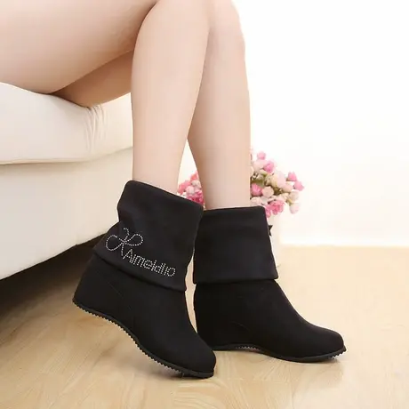 2023秋冬新款长靴磨砂坡跟长筒靴绒面内增高平底高筒中筒女靴子图片