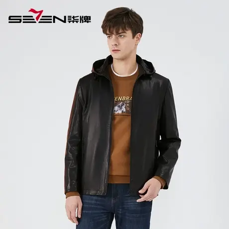 【绵羊皮】柒牌皮夹克外套男2022秋冬新款可拆卸帽子黑色真皮皮衣图片