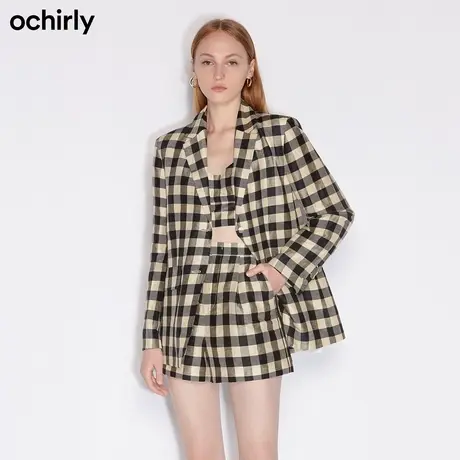 【首降】欧时力 丝麻套装女新款冬装气质通勤格子背心西装外套图片