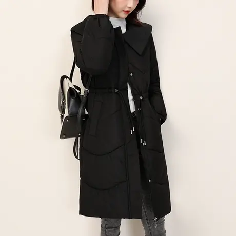 新品8.5折】高级感娃娃领棉服女中长款保暖棉衣收腰外套商品大图