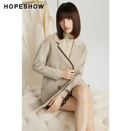 红袖outlets几何切格翻领大衣hopeshow2023冬款设计感小众外套女商品大图