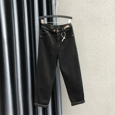 2023秋冬新款个性贴布加绒保暖牛仔裤女高腰显瘦小脚哈伦裤垮裤潮商品大图