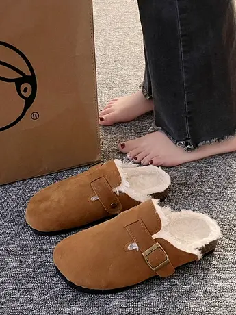 毛毛勃肯鞋女2023新款秋冬季一脚蹬加绒博肯单鞋厚底一字半拖鞋女商品大图