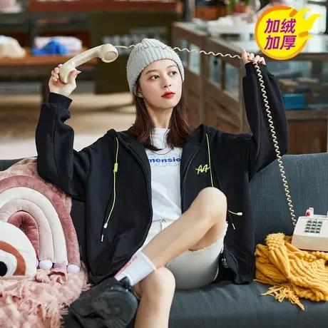 唐狮新款外套女春秋百搭短款宽松连帽卫衣韩版加绒开衫ins潮图片
