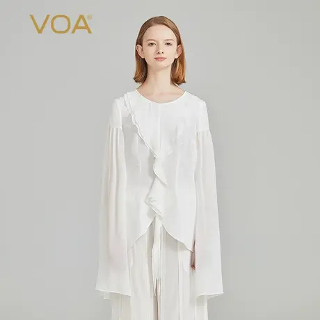 VOA暗纹提花桑蚕丝圆领拼接乔其丝绸喇叭长袖宽松甜美真丝T恤衫图片