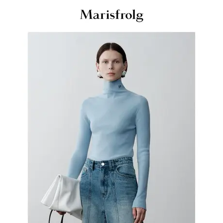 【轻密针织】玛丝菲尔冬季清水蓝高领刺绣羊毛针织衫图片