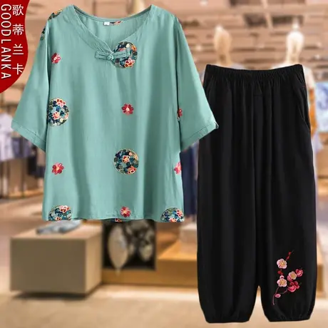 2023新款洋气妈妈夏装两件套装中年T恤中老年女宽松棉麻短袖上衣商品大图