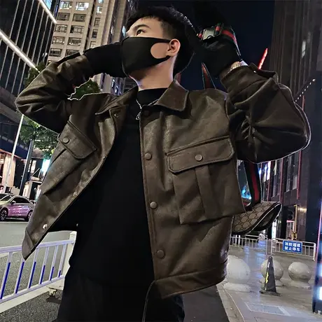 美式大口袋做旧机车服皮衣外套ins潮牌秋冬新款个性痞帅工装夹克图片